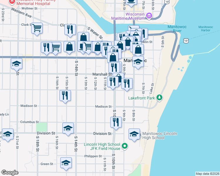 map of restaurants, bars, coffee shops, grocery stores, and more near 1207 South 11th Street in Manitowoc