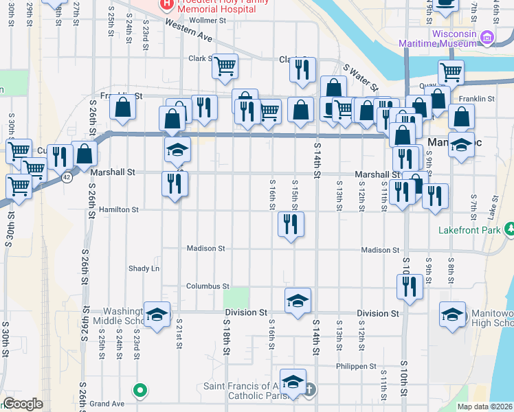 map of restaurants, bars, coffee shops, grocery stores, and more near 1212 South 17th Street in Manitowoc