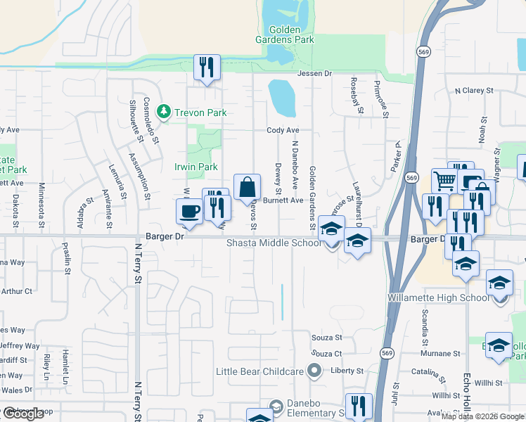 map of restaurants, bars, coffee shops, grocery stores, and more near 2040 Dewey Street in Eugene