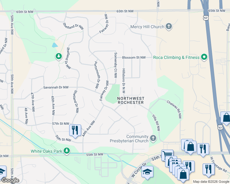 map of restaurants, bars, coffee shops, grocery stores, and more near 6035 Hillsboro Drive North West in Rochester