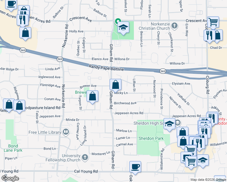 map of restaurants, bars, coffee shops, grocery stores, and more near 2117 Elysium Avenue in Eugene