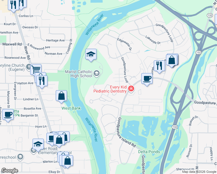 map of restaurants, bars, coffee shops, grocery stores, and more near 1920 Kingsley Rd in Eugene