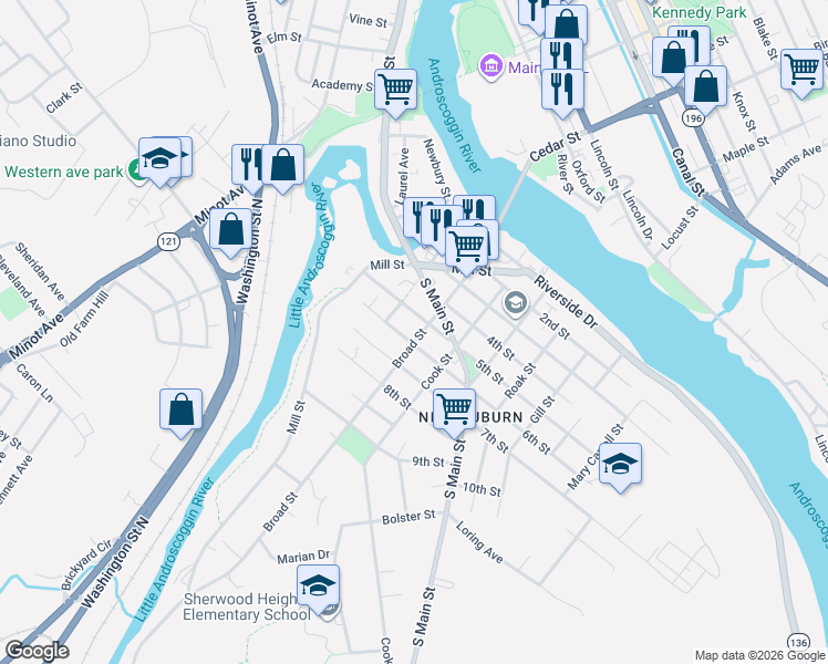 map of restaurants, bars, coffee shops, grocery stores, and more near 25 5th Street in Auburn