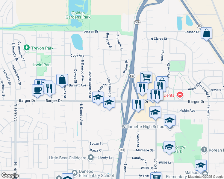 map of restaurants, bars, coffee shops, grocery stores, and more near 2083 Laurelhurst Drive in Eugene