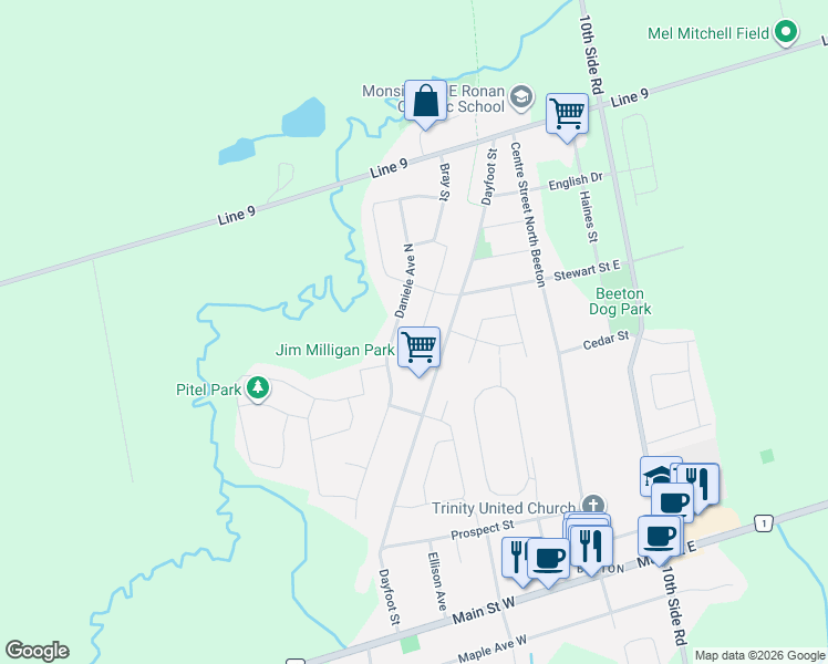 map of restaurants, bars, coffee shops, grocery stores, and more near 32 Carleton Trail in New Tecumseth