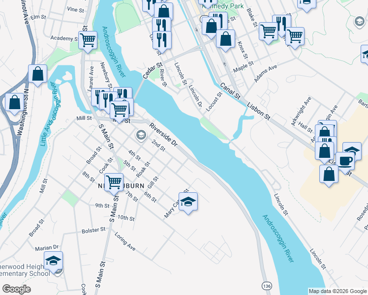 map of restaurants, bars, coffee shops, grocery stores, and more near 98 Riverside Drive in Auburn