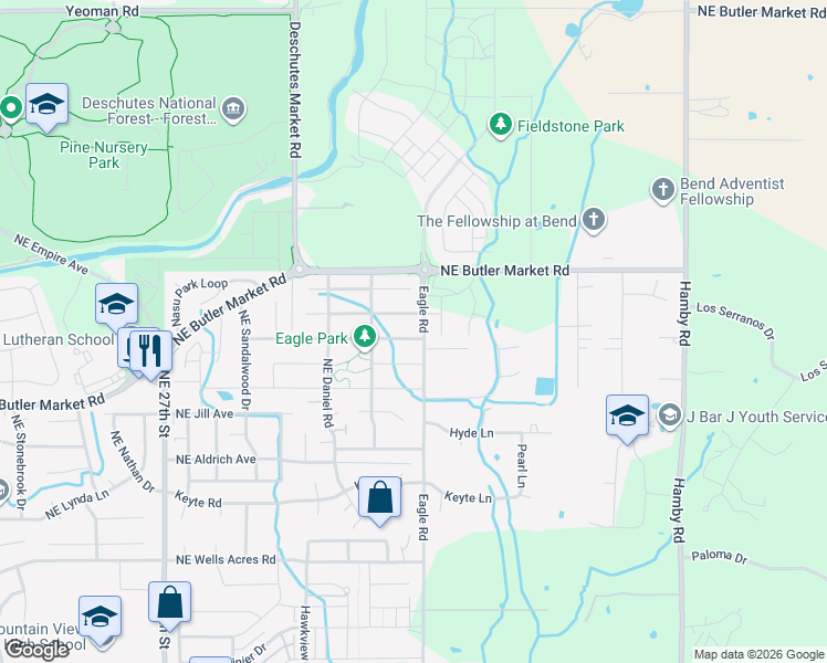 map of restaurants, bars, coffee shops, grocery stores, and more near 21400 Northeast Evelyn Place in Bend