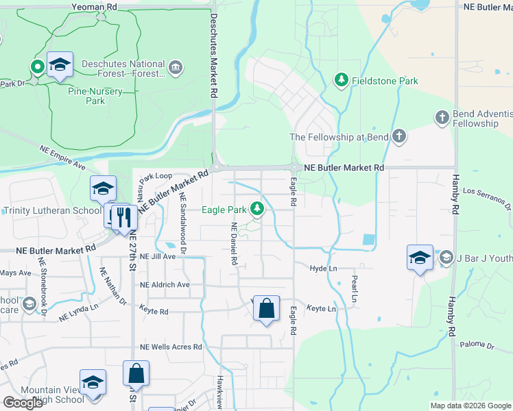 map of restaurants, bars, coffee shops, grocery stores, and more near 62926 Northeast Nolan Street in Bend