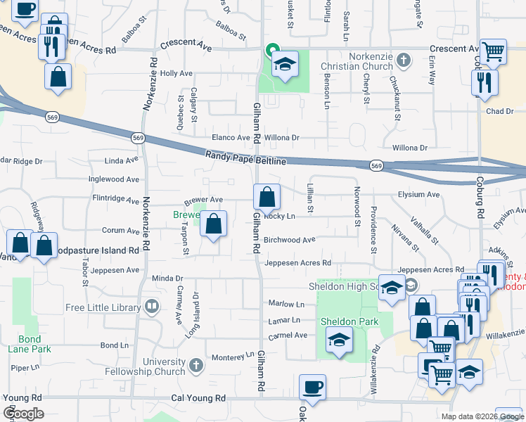 map of restaurants, bars, coffee shops, grocery stores, and more near 2117 Elysium Avenue in Eugene