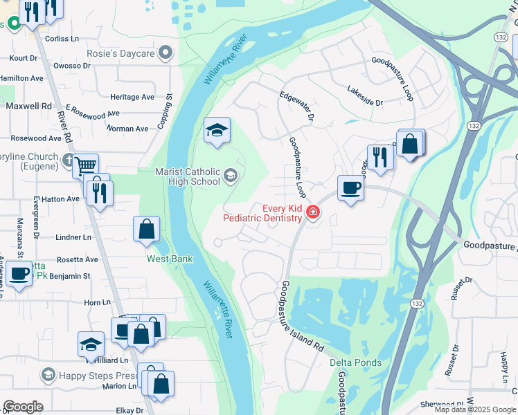map of restaurants, bars, coffee shops, grocery stores, and more near 1920 Kingsley Rd in Eugene