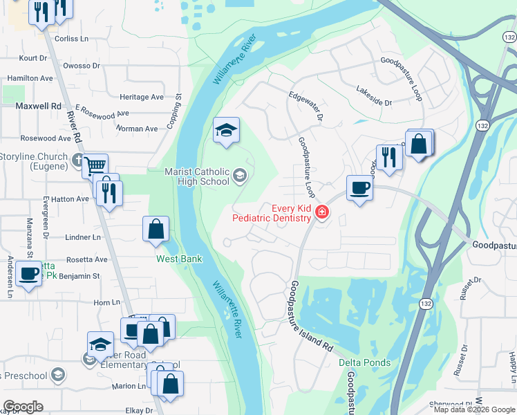 map of restaurants, bars, coffee shops, grocery stores, and more near 1920 Kingsley Rd in Eugene