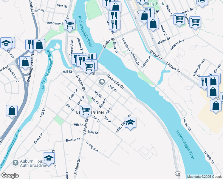 map of restaurants, bars, coffee shops, grocery stores, and more near 96 2nd Street in Auburn