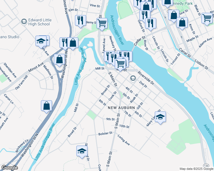 map of restaurants, bars, coffee shops, grocery stores, and more near 25 5th Street in Auburn
