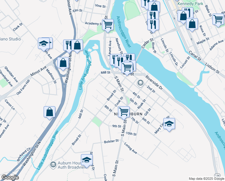 map of restaurants, bars, coffee shops, grocery stores, and more near 25 5th Street in Auburn