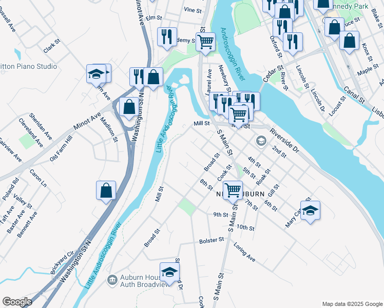map of restaurants, bars, coffee shops, grocery stores, and more near 16 6th Street in Auburn