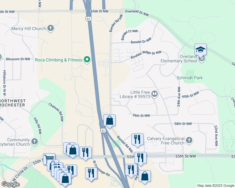 map of restaurants, bars, coffee shops, grocery stores, and more near 5930 Bandel Road Northwest in Rochester