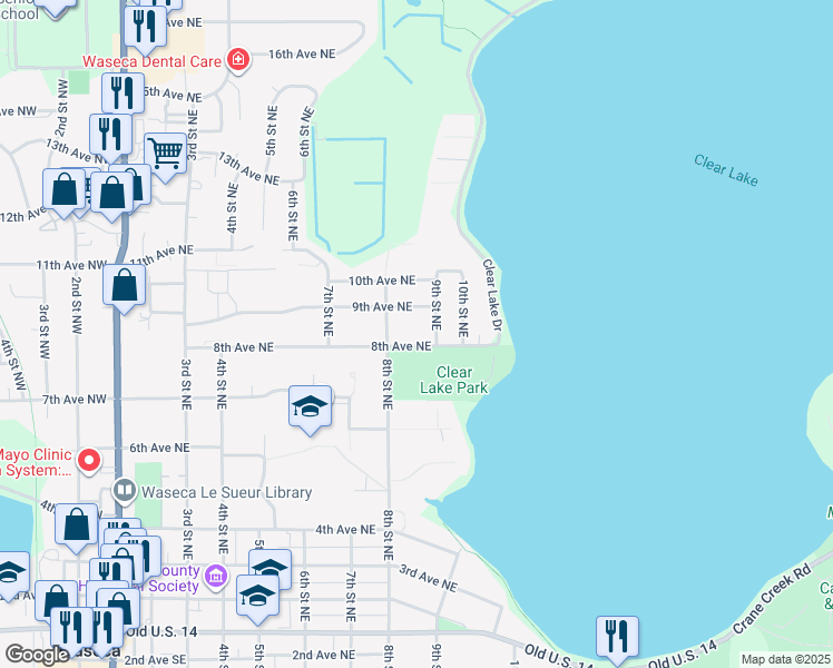 map of restaurants, bars, coffee shops, grocery stores, and more near 804 9th Avenue Northeast in Waseca