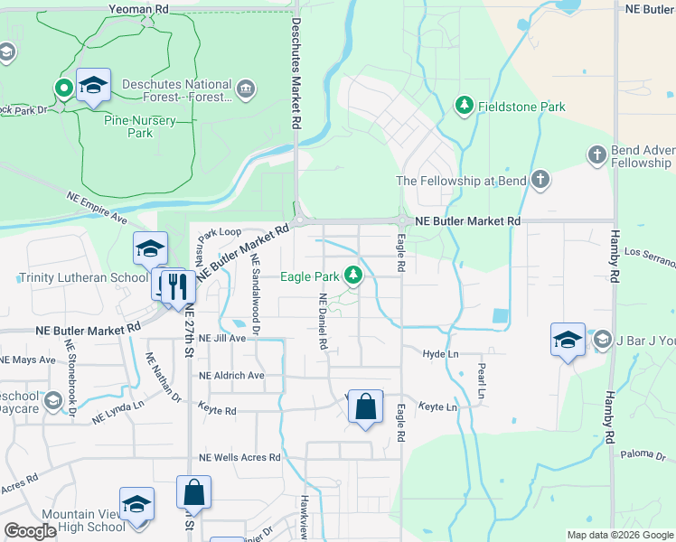 map of restaurants, bars, coffee shops, grocery stores, and more near 21332 Northeast Evelyn Place in Bend