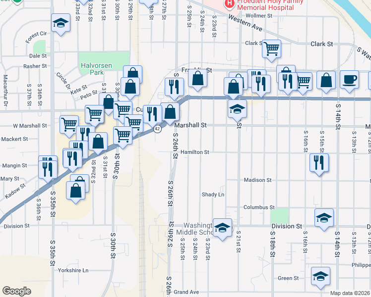 map of restaurants, bars, coffee shops, grocery stores, and more near 1122 South 25th Street in Manitowoc