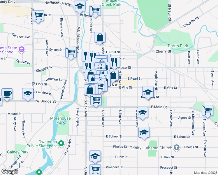 map of restaurants, bars, coffee shops, grocery stores, and more near 134 East Vine Street in Owatonna