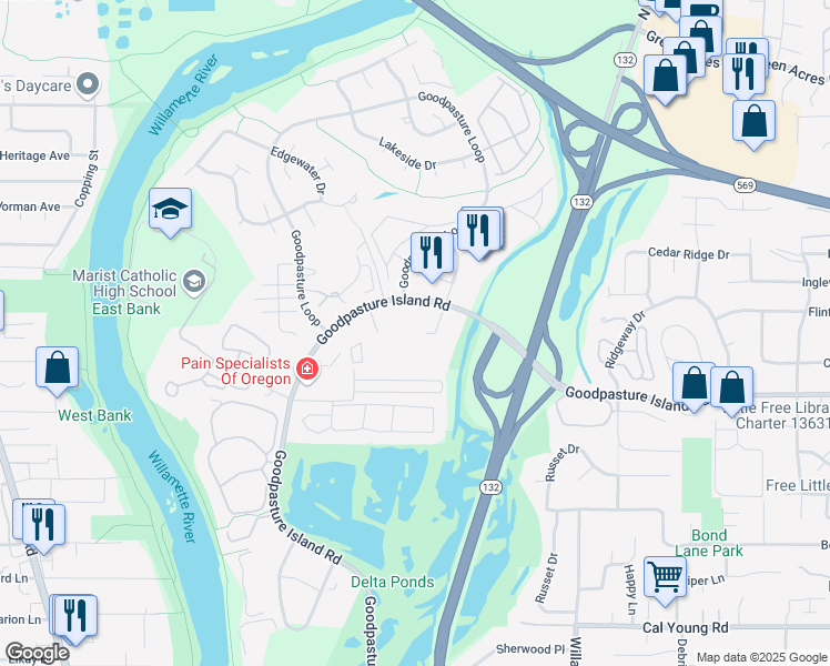 map of restaurants, bars, coffee shops, grocery stores, and more near 810 Goodpasture Island Road in Eugene