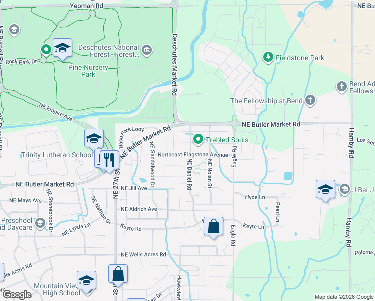 map of restaurants, bars, coffee shops, grocery stores, and more near 62905 Daniel Road in Bend