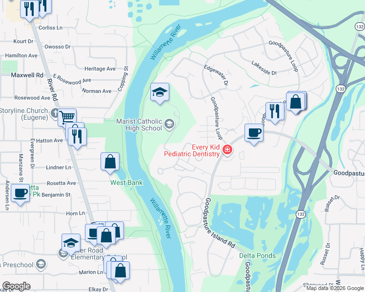 map of restaurants, bars, coffee shops, grocery stores, and more near 1920 Kingsley Rd in Eugene