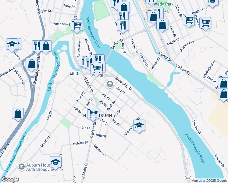 map of restaurants, bars, coffee shops, grocery stores, and more near 67 2nd Street in Auburn