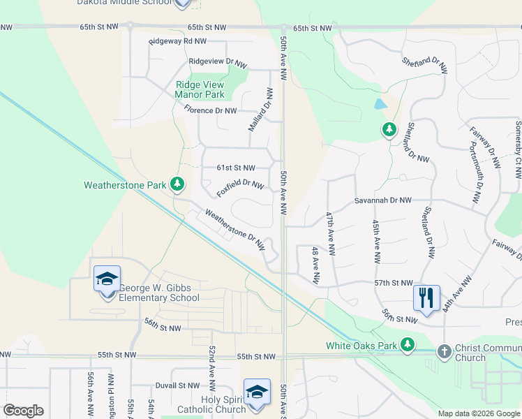 map of restaurants, bars, coffee shops, grocery stores, and more near 5070 Foxfield Drive Northwest in Rochester