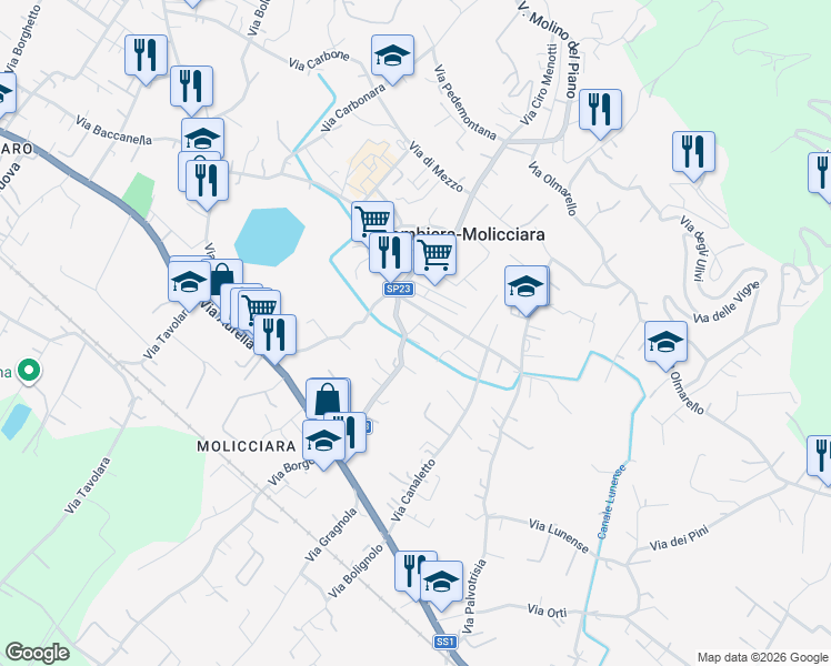 map of restaurants, bars, coffee shops, grocery stores, and more near 4 Via della Resistenza in Colombiera-molicciara