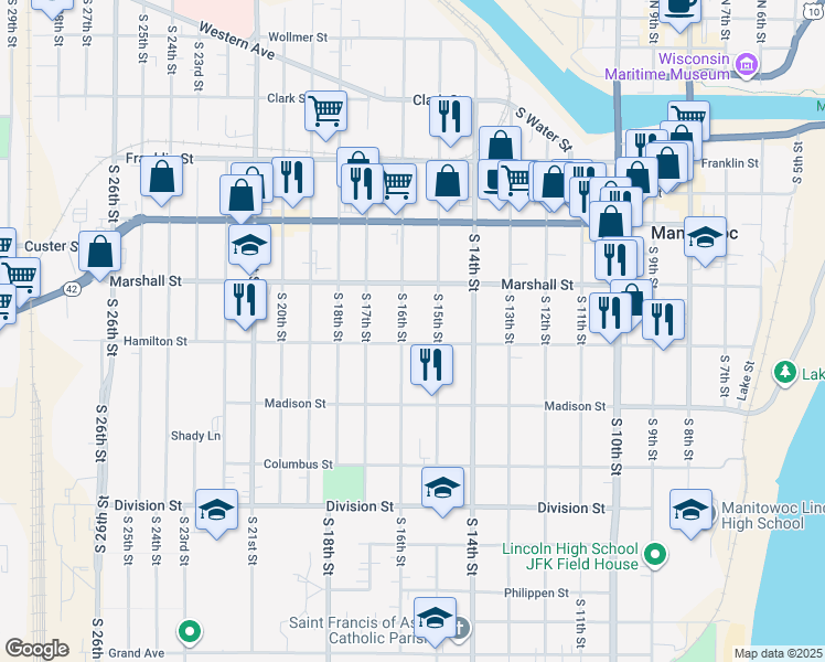 map of restaurants, bars, coffee shops, grocery stores, and more near 1114 South 16th Street in Manitowoc