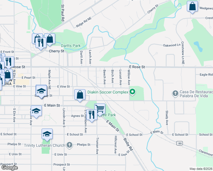 map of restaurants, bars, coffee shops, grocery stores, and more near 228 Beech Avenue in Owatonna