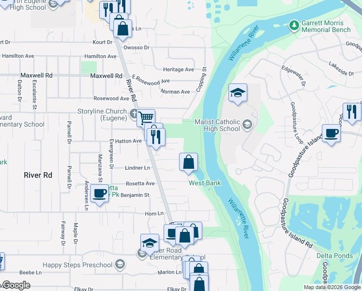 map of restaurants, bars, coffee shops, grocery stores, and more near 184 East Hatton Avenue in Eugene
