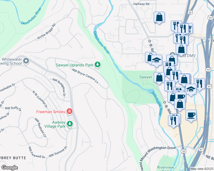 map of restaurants, bars, coffee shops, grocery stores, and more near 643 North West Yosemite Drive in Bend