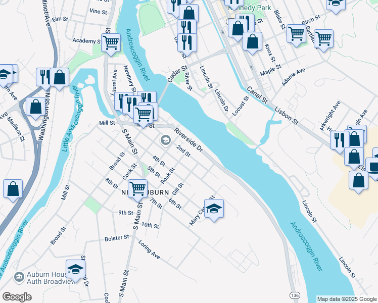 map of restaurants, bars, coffee shops, grocery stores, and more near 96 2nd Street in Auburn