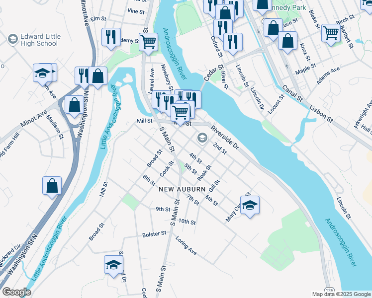 map of restaurants, bars, coffee shops, grocery stores, and more near 21 Cook Street in Auburn