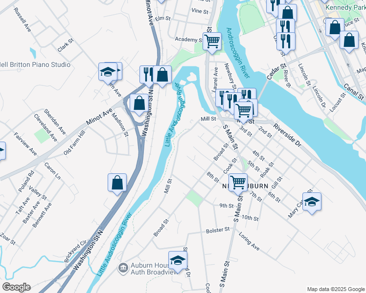 map of restaurants, bars, coffee shops, grocery stores, and more near 3 6th Street in Auburn