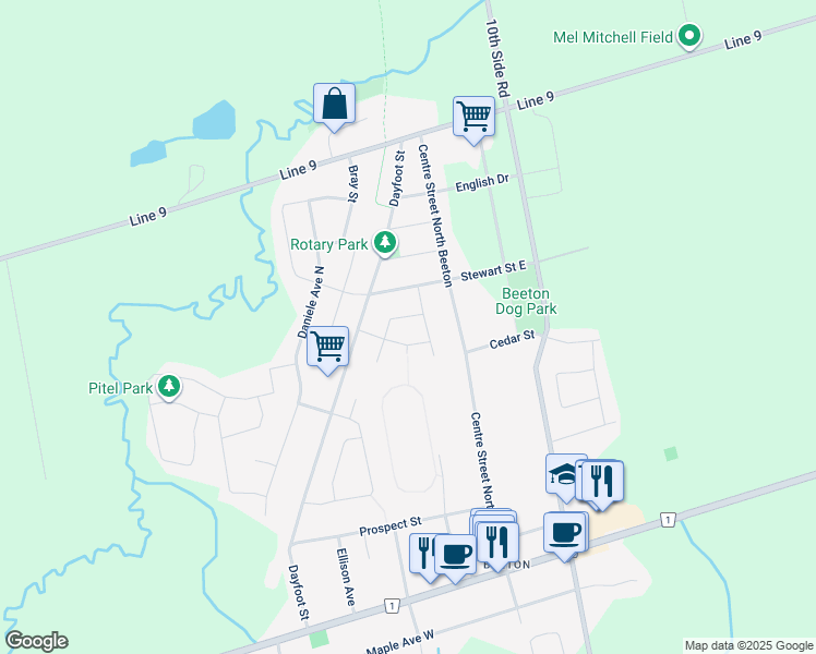 map of restaurants, bars, coffee shops, grocery stores, and more near 6 Hammond Crescent in New Tecumseth