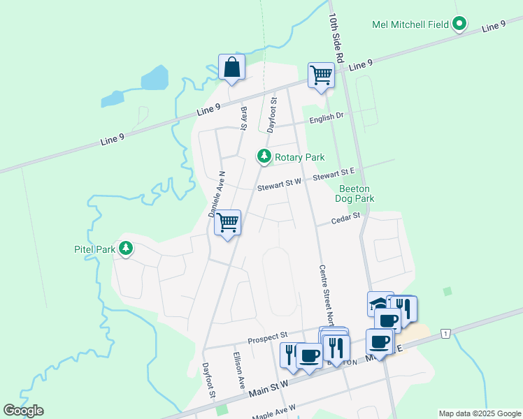map of restaurants, bars, coffee shops, grocery stores, and more near 289 Dayfoot Street in New Tecumseth