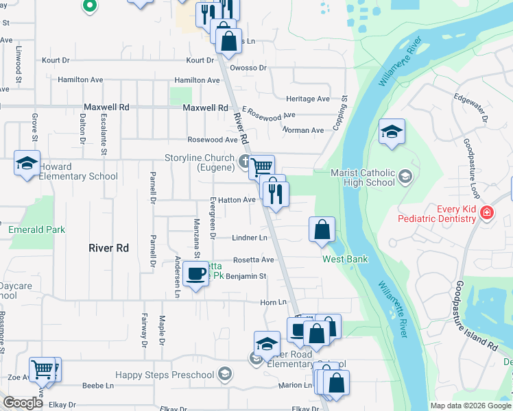 map of restaurants, bars, coffee shops, grocery stores, and more near 25 Hatton Avenue in Eugene