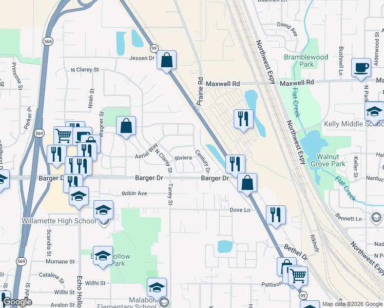 map of restaurants, bars, coffee shops, grocery stores, and more near 3727 Megan Way in Eugene