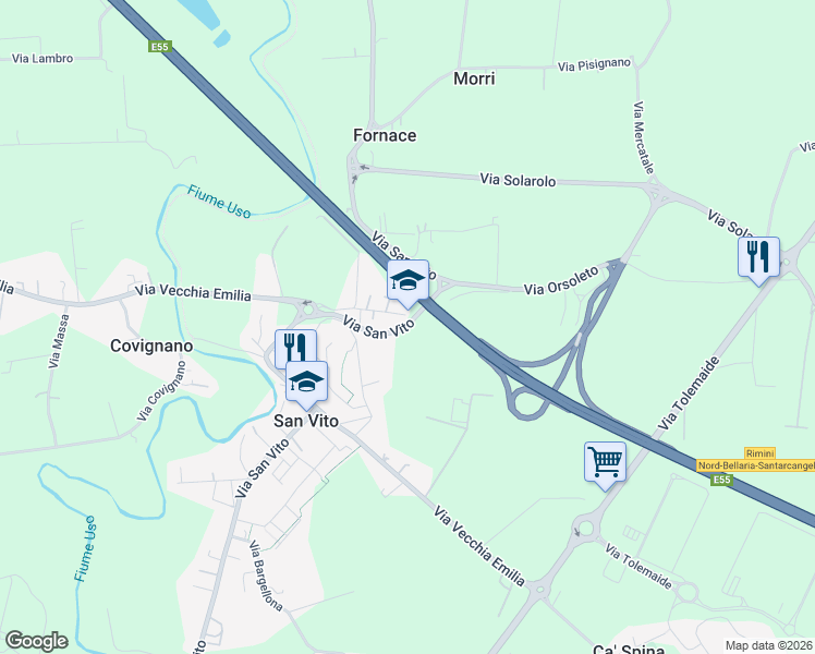 map of restaurants, bars, coffee shops, grocery stores, and more near Via San Vito in San Vito