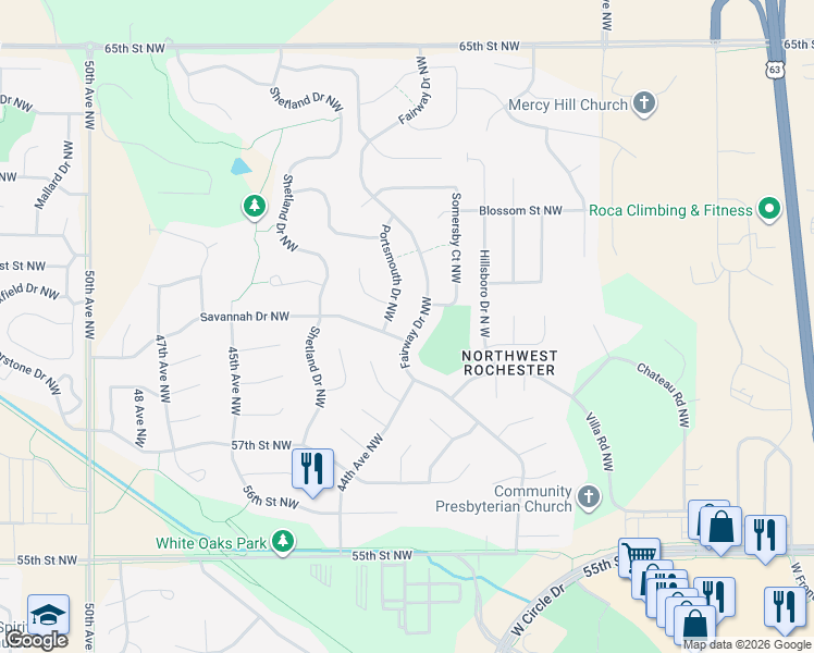 map of restaurants, bars, coffee shops, grocery stores, and more near 6259 Fairway Drive Northwest in Rochester