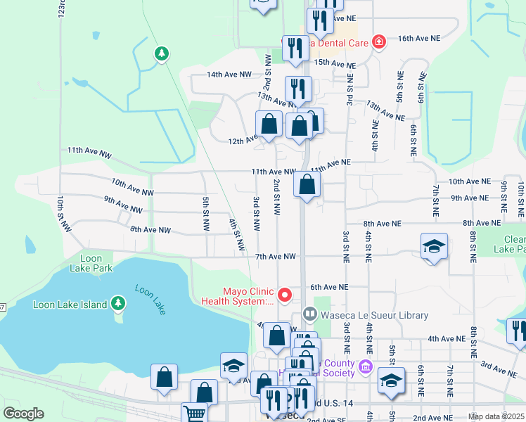 map of restaurants, bars, coffee shops, grocery stores, and more near 808 3rd Street Northwest in Waseca