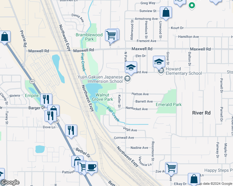map of restaurants, bars, coffee shops, grocery stores, and more near 996 Hatton Avenue in Eugene