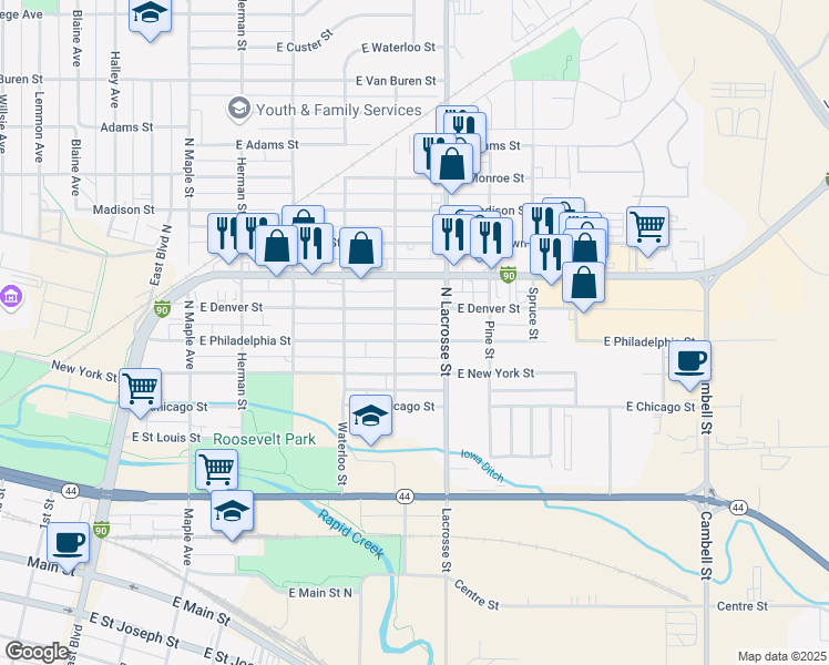 map of restaurants, bars, coffee shops, grocery stores, and more near 508 East Philadelphia Street in Rapid City