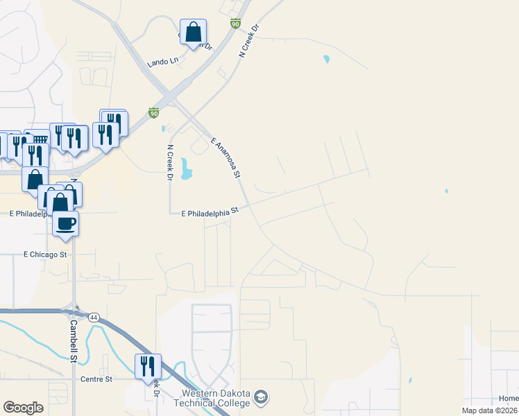 map of restaurants, bars, coffee shops, grocery stores, and more near 1755 East Anamosa Street in Rapid City