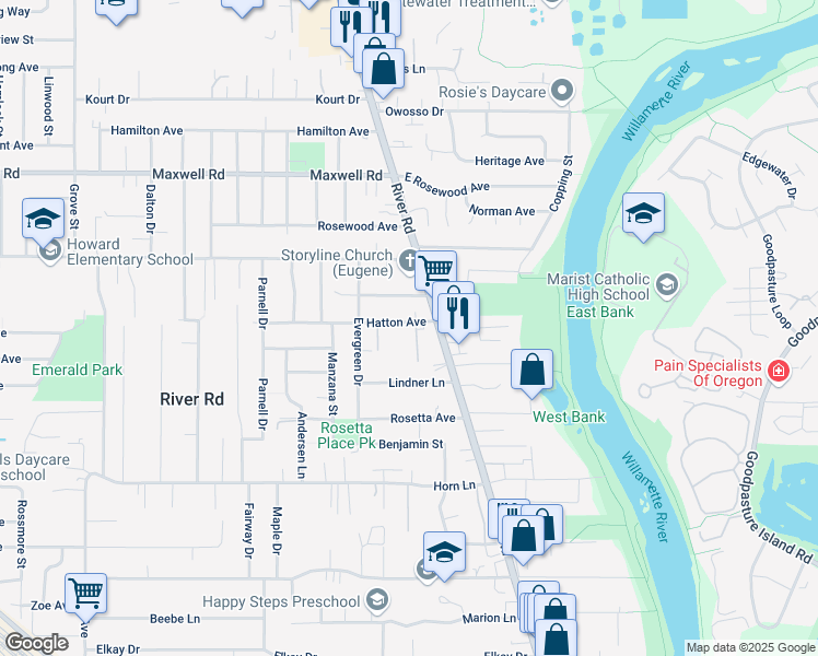 map of restaurants, bars, coffee shops, grocery stores, and more near 25 Hatton Avenue in Eugene