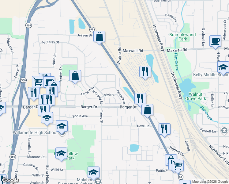 map of restaurants, bars, coffee shops, grocery stores, and more near 3727 Megan Way in Eugene