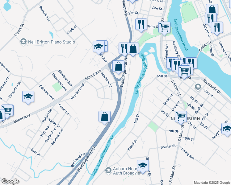 map of restaurants, bars, coffee shops, grocery stores, and more near 56 Madison Street in Auburn
